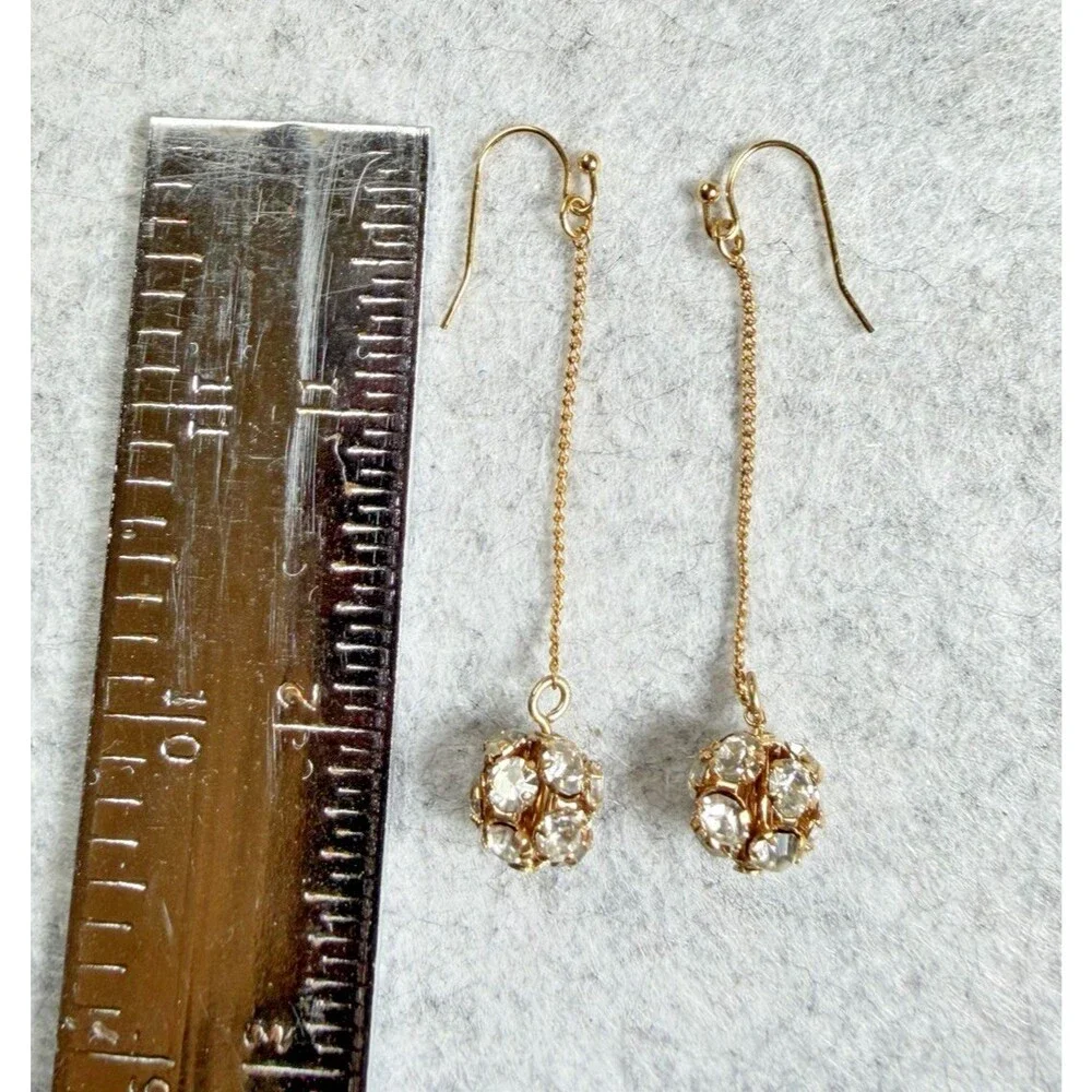 Vintage Rhinestone Ball Dangle Earrings Gold Tone Long Chain Shoulder Dusters